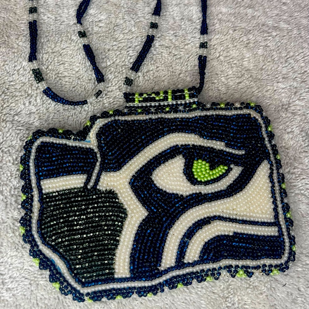 Handmade beaded Seattle Seahawks medallion necklace with leather back